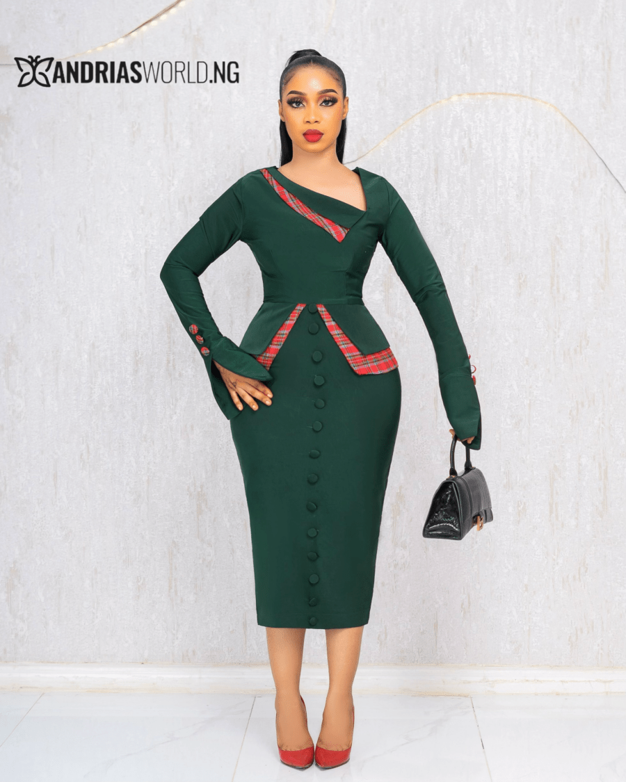 GREEN BUTTON DRESS WITH RED CHECK DETAILS